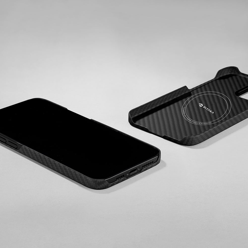 Pitaka Ultra-Slim Classic Serisi iPhone 14 M-safe Şarj Özellikli 1500D Aramid Fiber Black-Grey Twill Kılıf Pitaka Ultra-Slim Classic Serisi iPhone 14 M-safe Şarj Özellikli 1500D Aramid Fiber Black-Grey Twill Kılıf